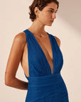 Maya Plunged Tie Back Midi Dress - Strong Blue