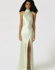 Penelope Backless Satin Gown in Pistachio