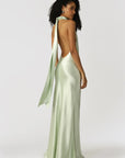 Penelope Backless Satin Gown in Pistachio