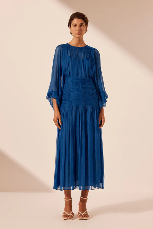 Maya Ruched Panelled Midi Dress - Strong Blue