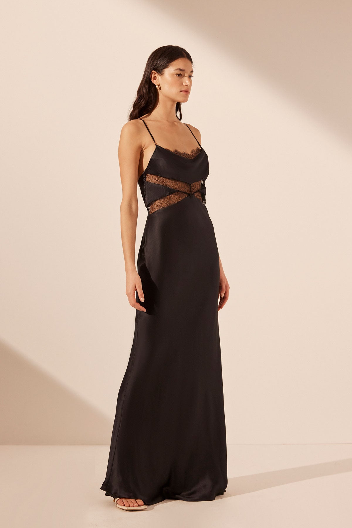 Leticia Silk Cowl Neck Lace Maxi Dress - Black