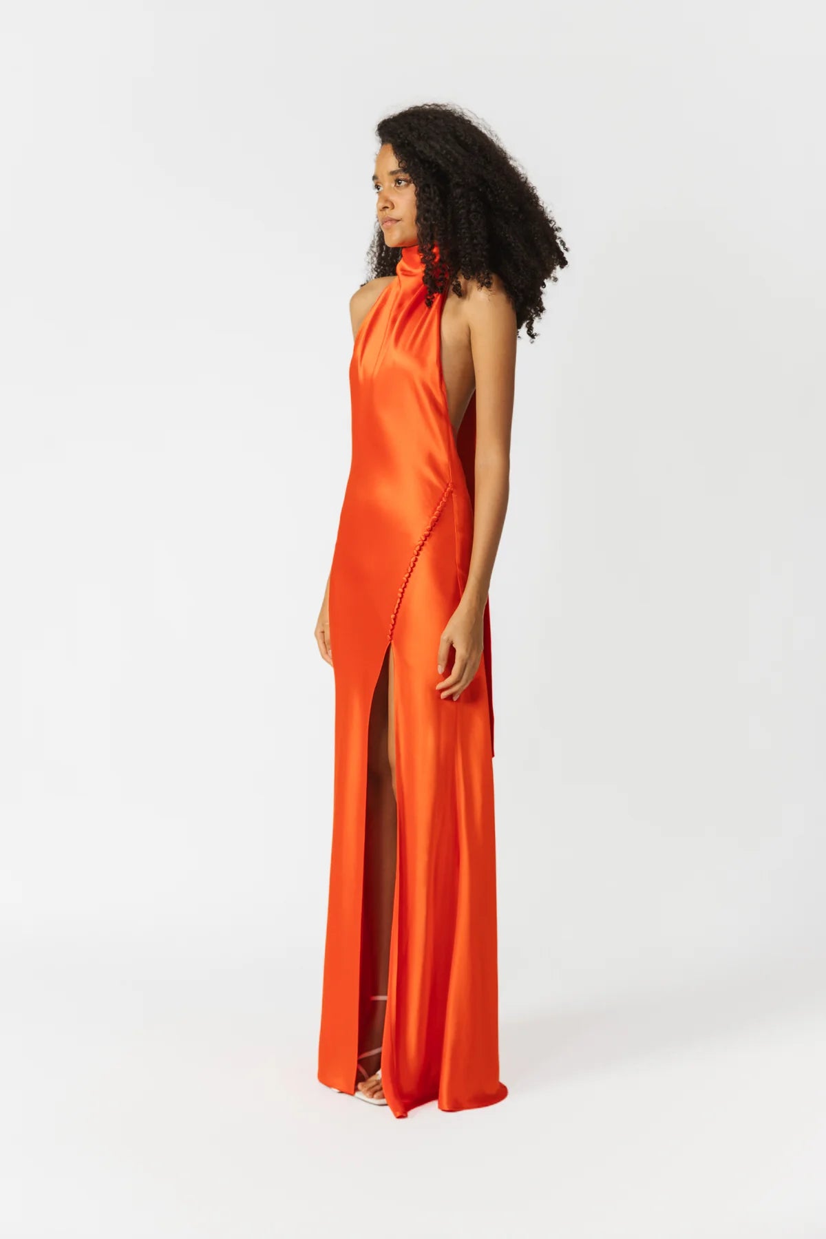 Penelope Backless Satin Gown in Scarlet Orange