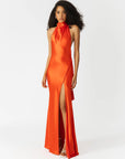 Penelope Backless Satin Gown in Scarlet Orange