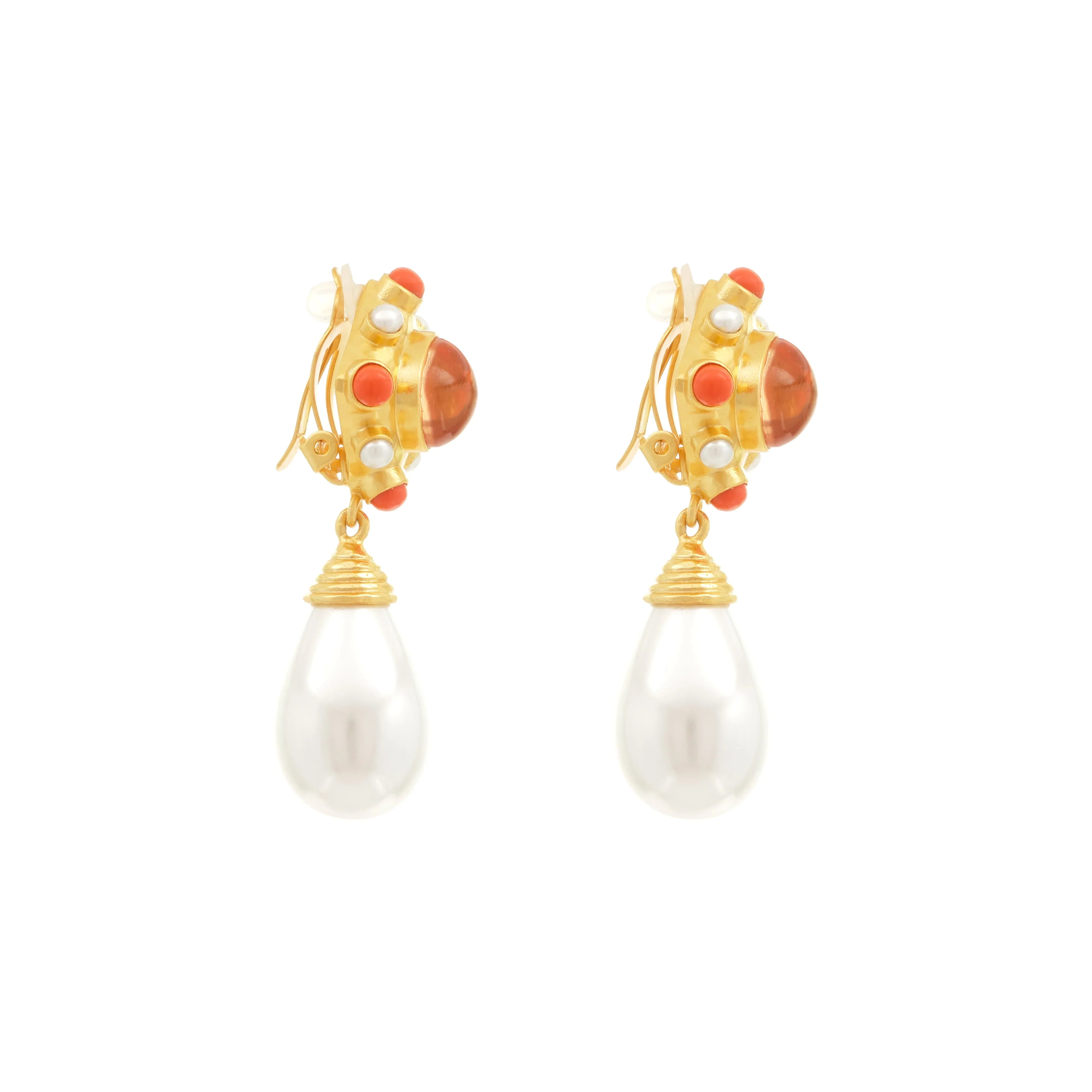 Julia Earrings Citrine Quartz, Coral &amp; Pearls